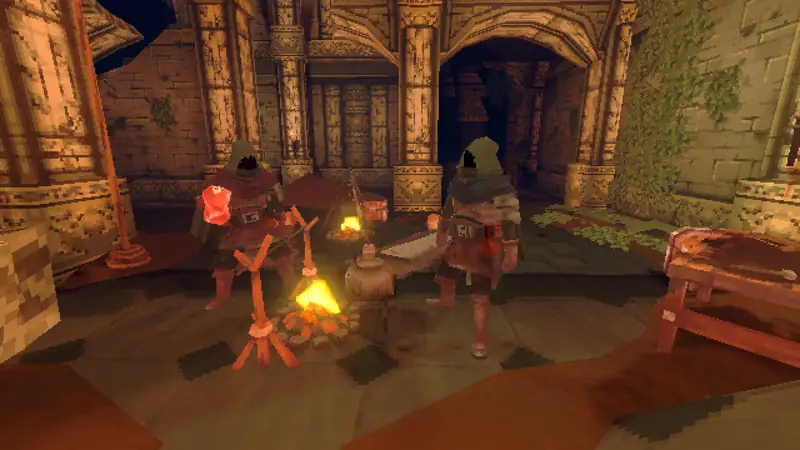 Two hooded adventurers at a dungeon camp