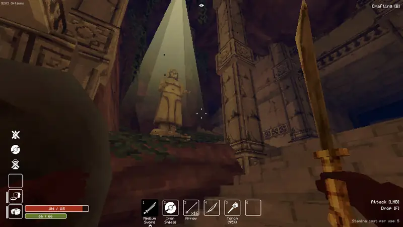 Torch lit statue in a ruined sanctuary